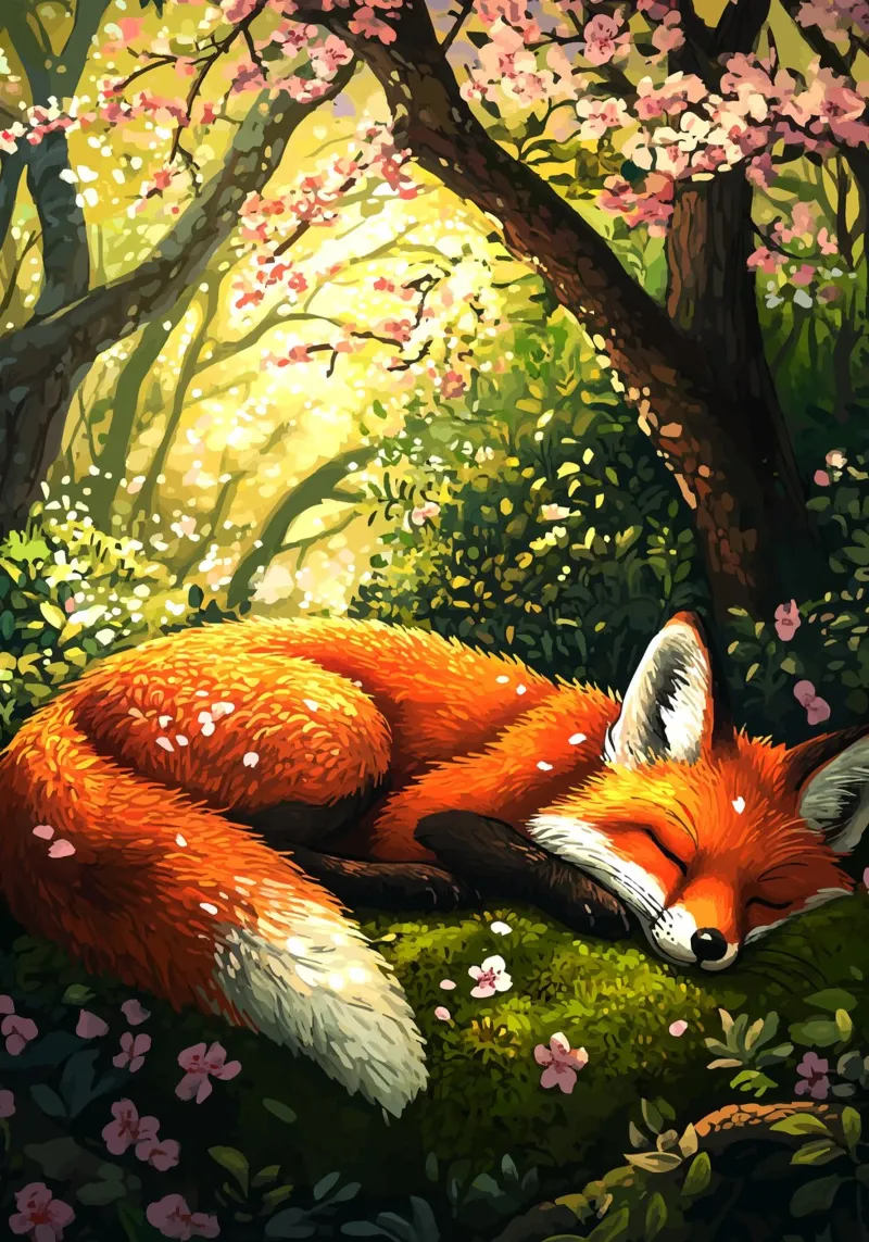 Sleeping fox in the spring forest canvas by pixelbull - medieval art and more