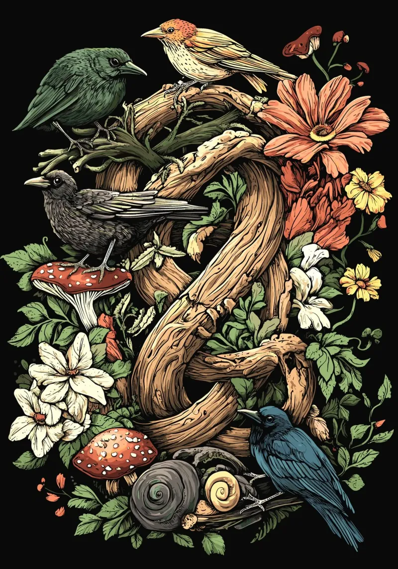 Uccelli della foresta e crescita selvatica - Splendore naturale di Goblincore pellicola backlit da pixelbull - medieval art and more