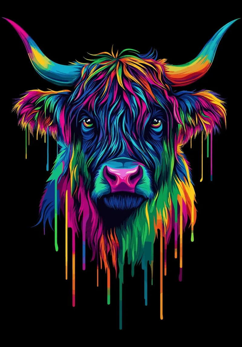 Toro colorato delle Highlands - bestiame pop art al neon pannello forex da pixelbull - medieval art and more