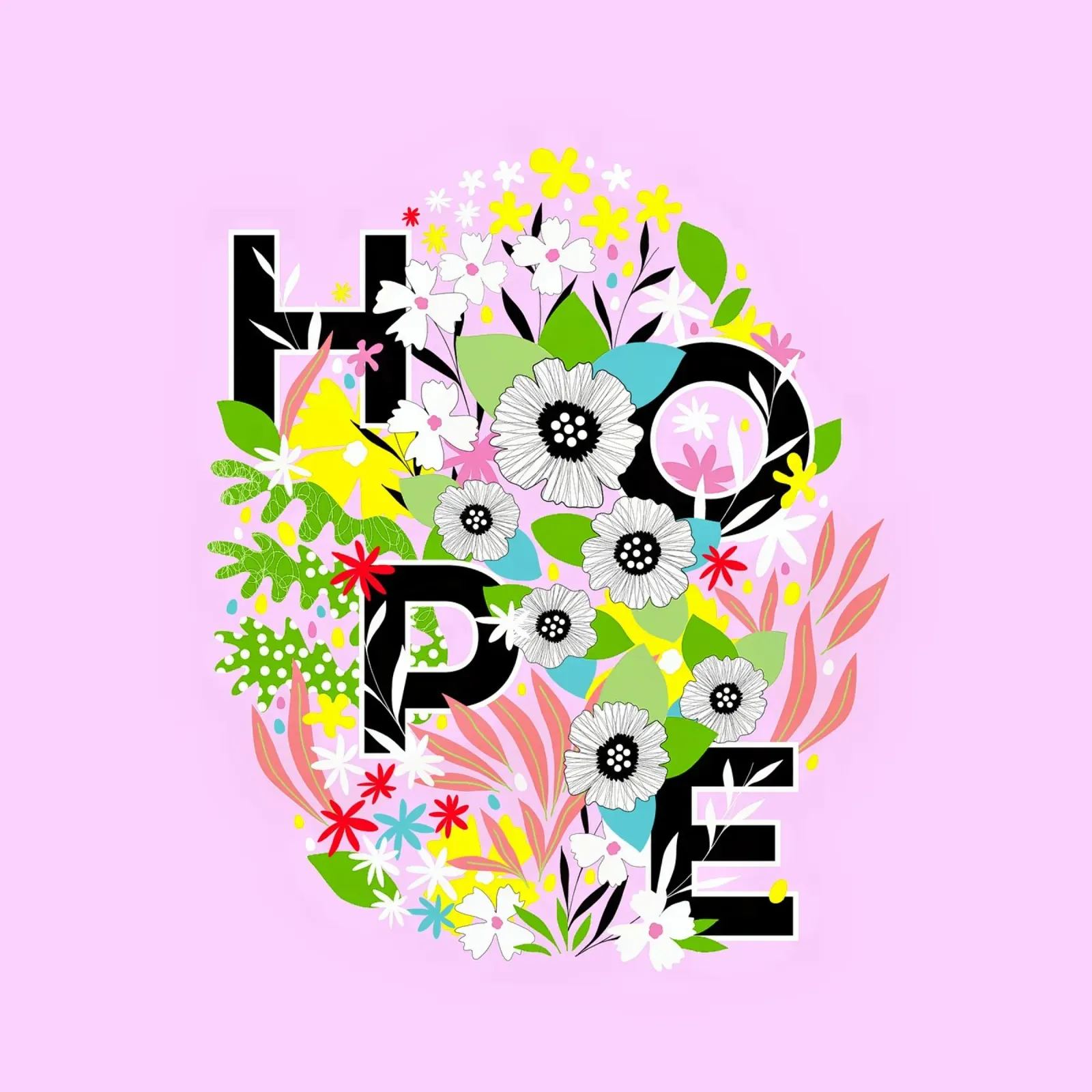 HOPE - Uovo di Pasqua floreale tipografico in rosa e giallo gioioso poster con telaio in legno da Dominique Vari Words