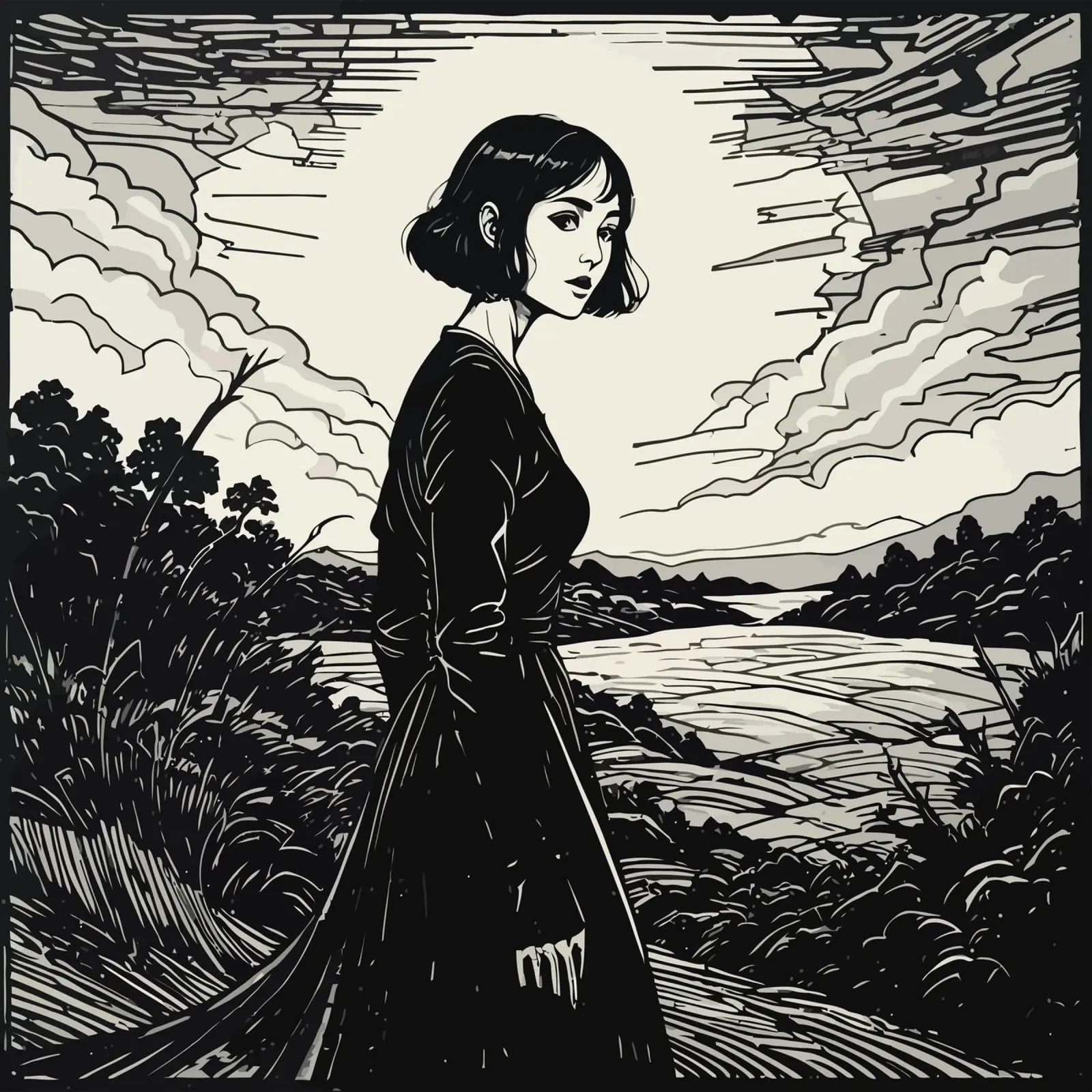 Femme mélancolique dans les champs poster avec cadre en bois de Mohs