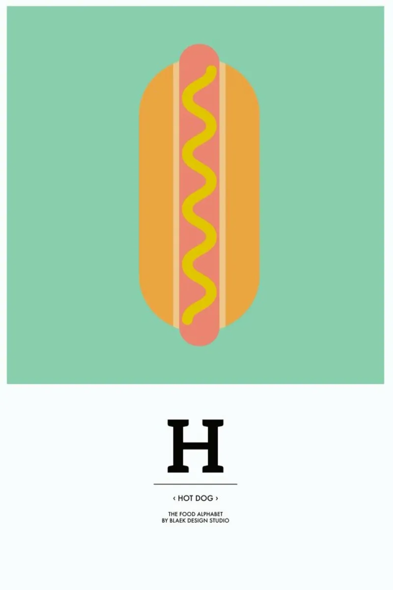 „The Food Alphabet“ - H like Hot Dog poster con telaio in legno da BLAEK Design Studio