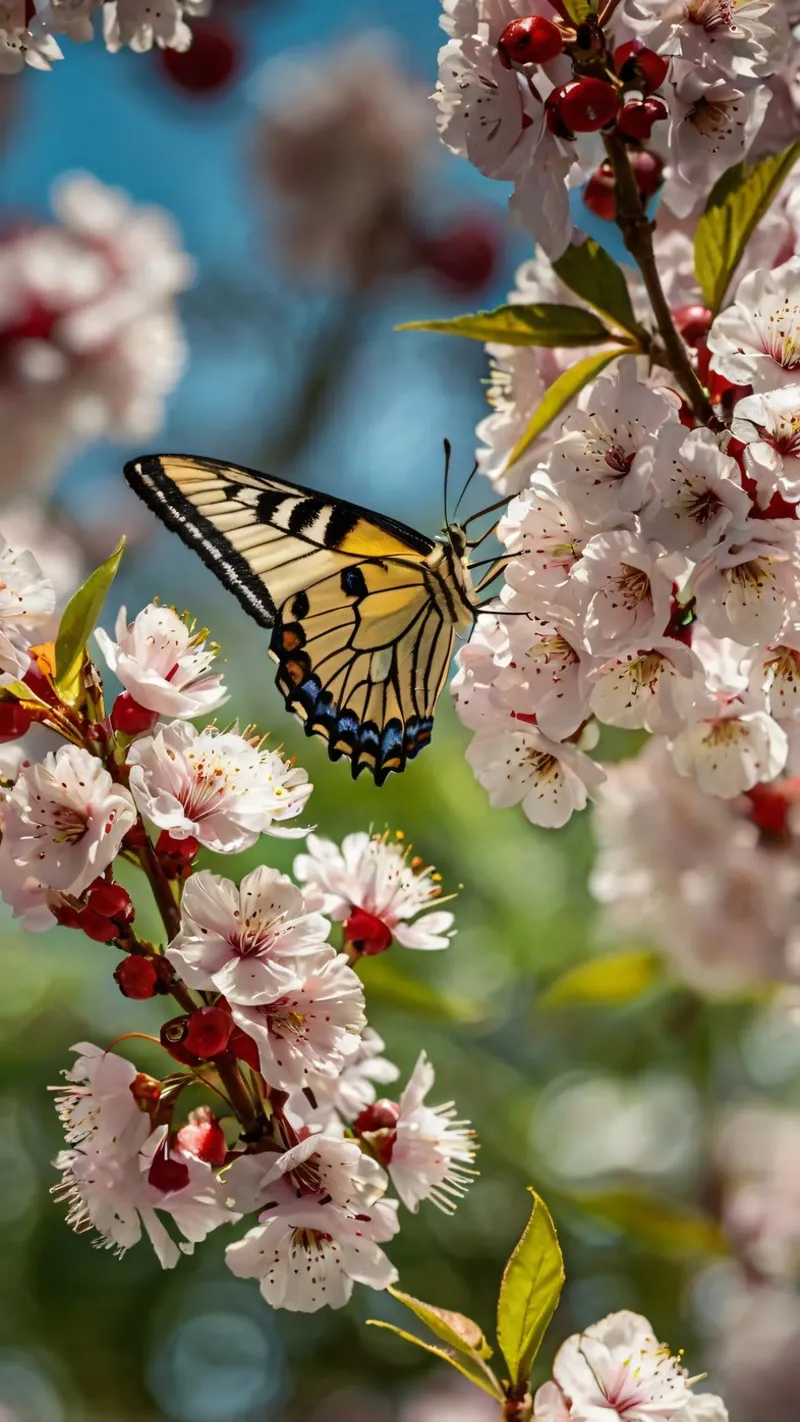 Una farfalla si posa delicatamente sui fiori sbocciati pellicola backlit da DesignDoodle