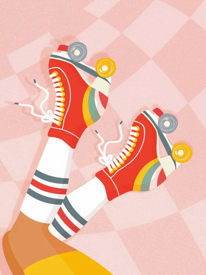 Pattini a rotelle retrò con posa a gambe in su su Groovy Checks poster da Dominique Vari