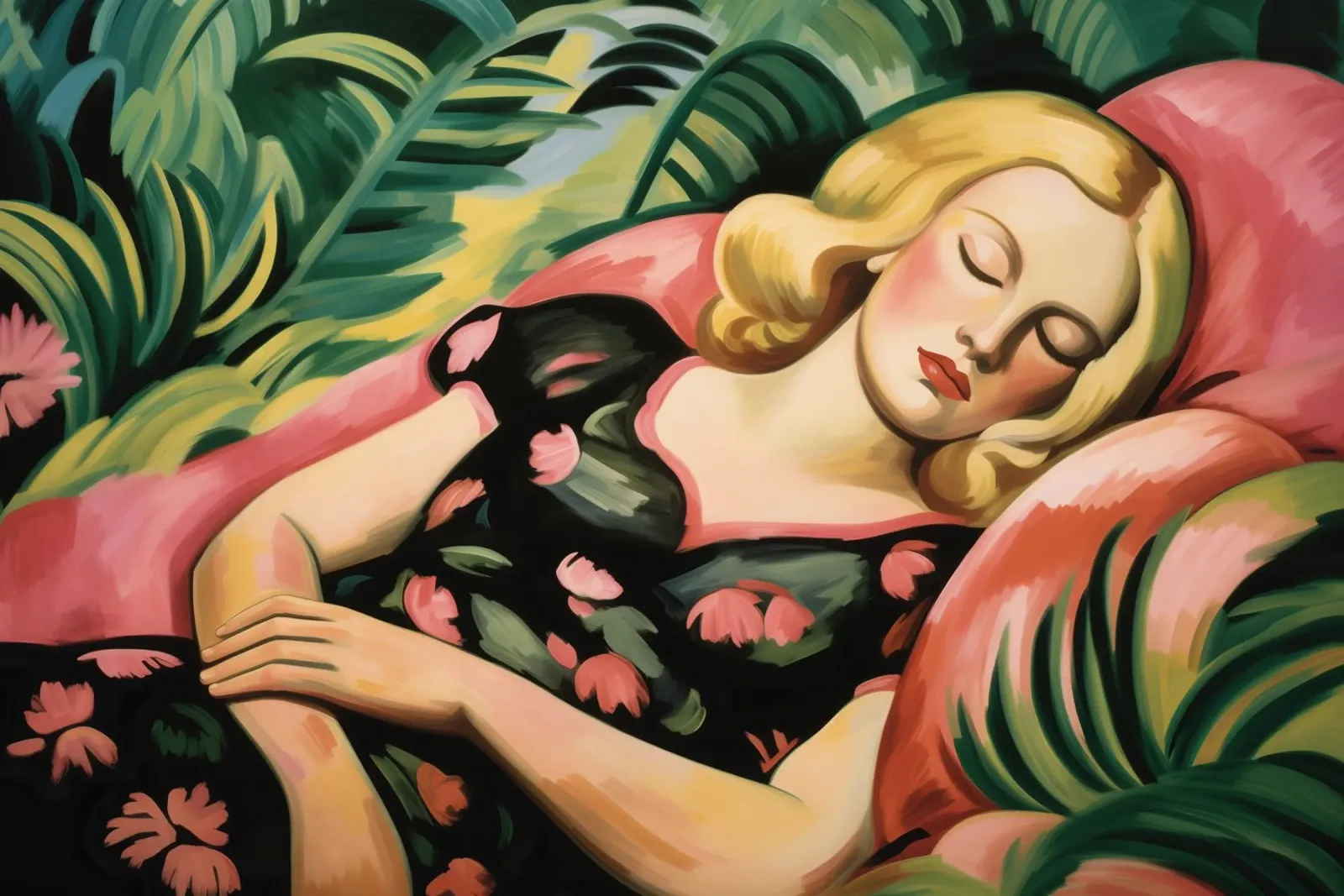 Ritratto di donna in un giardino d'inverno | Pittura espressionista poster con telaio in plastica da Autofocus