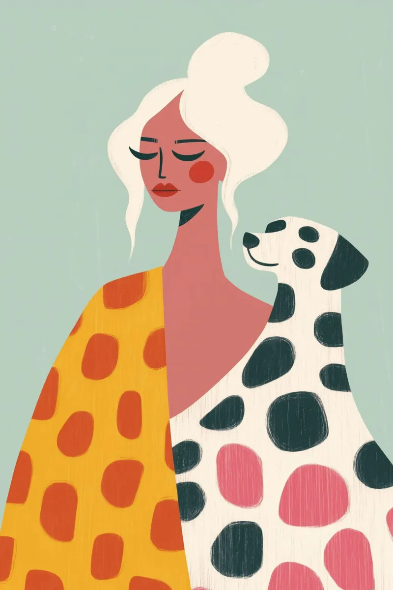 Donna con cane dalmata | Illustrazione con motivo a punti alluminio dibond da Autofocus