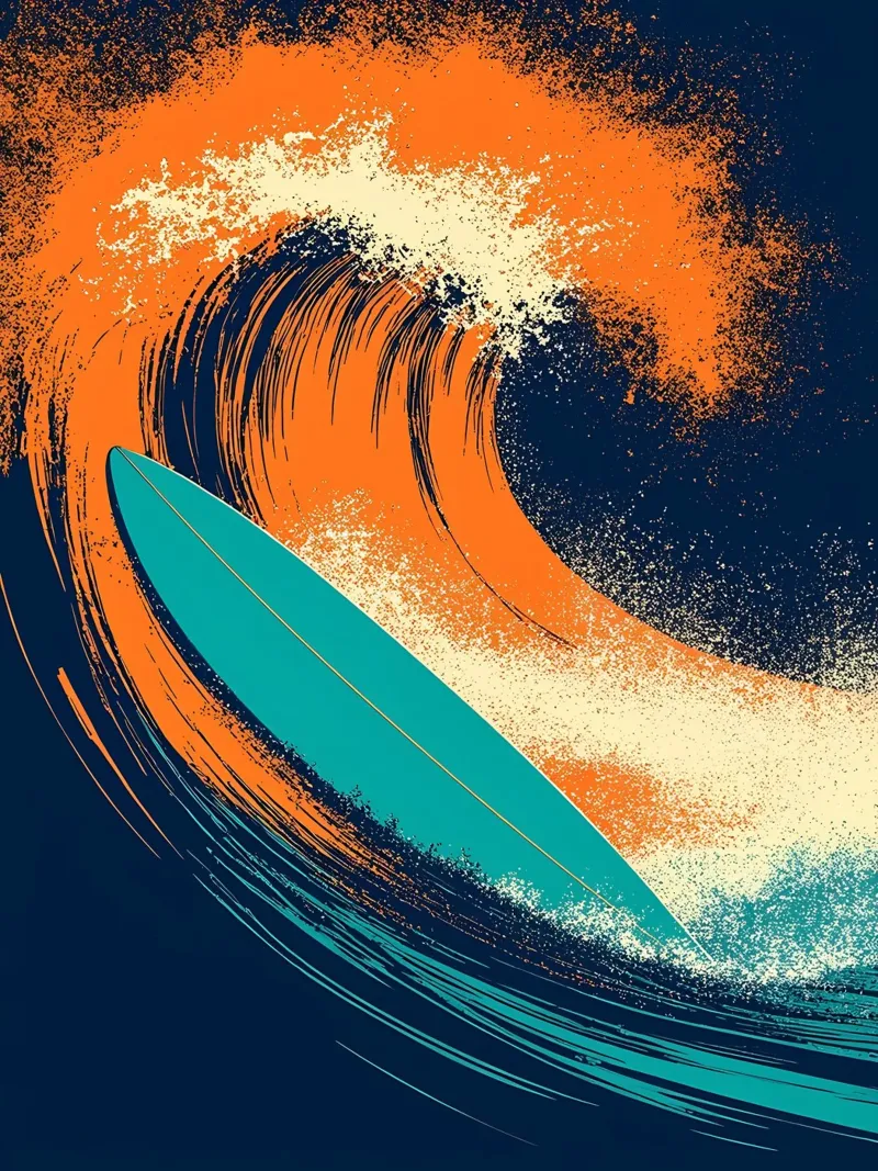 Planche de surf dans une vague - Pop Art poster avec cadre en plastique de ColorCrash Gallery