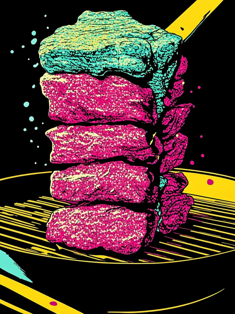 Gegrilltes Steak - Pop Art Leinwand mit Schattenfugenrahmen von ColorCrash Gallery
