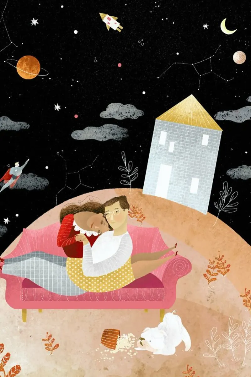 Love In Space poster con telaio in alluminio da Amalia Restrepo