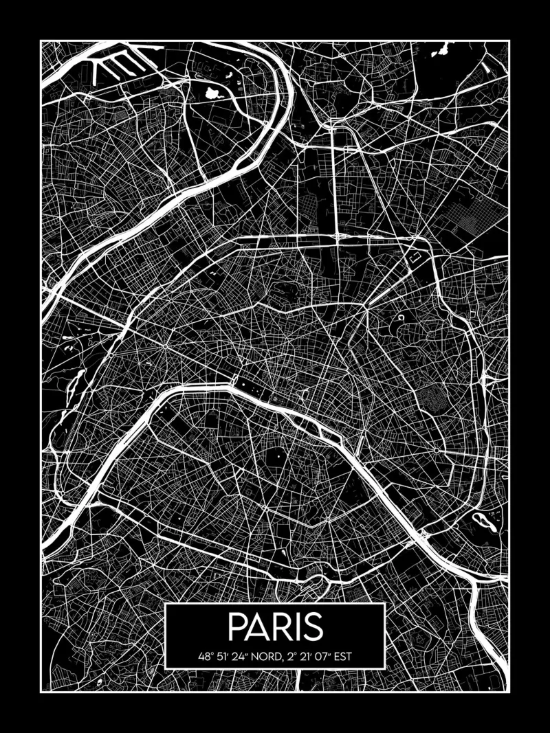 Carta nera Parigi poster con telaio in alluminio da Frame the World