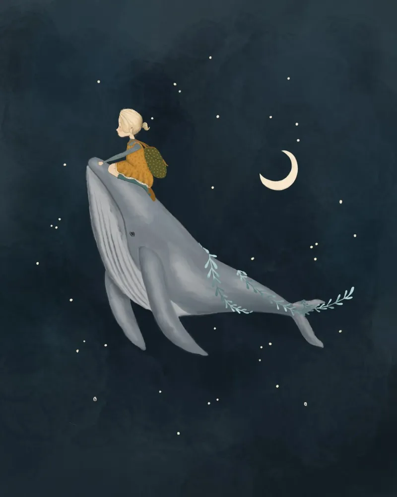 Cavalier de baleine étoilé - Impression d'art fantaisiste du ciel nocturne toile avec Caisse américaine de Urchin Bay Art