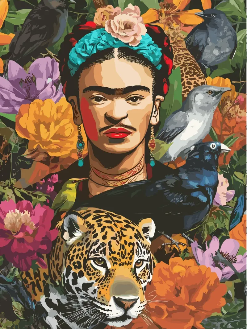 Frida with flowers and animals poster da edsonramosart
