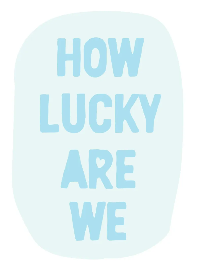 How Lucky Are We Print, Blue Trendy Wall Art, Preppy Poster canvas met Baklijst van Farlane