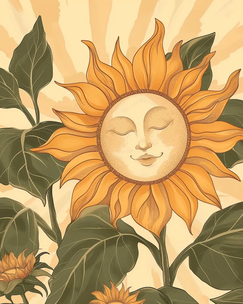 Girasole Smiley Face Retro Floral Boho Botanical Art pellicola backlit da Gentle Echoes Art