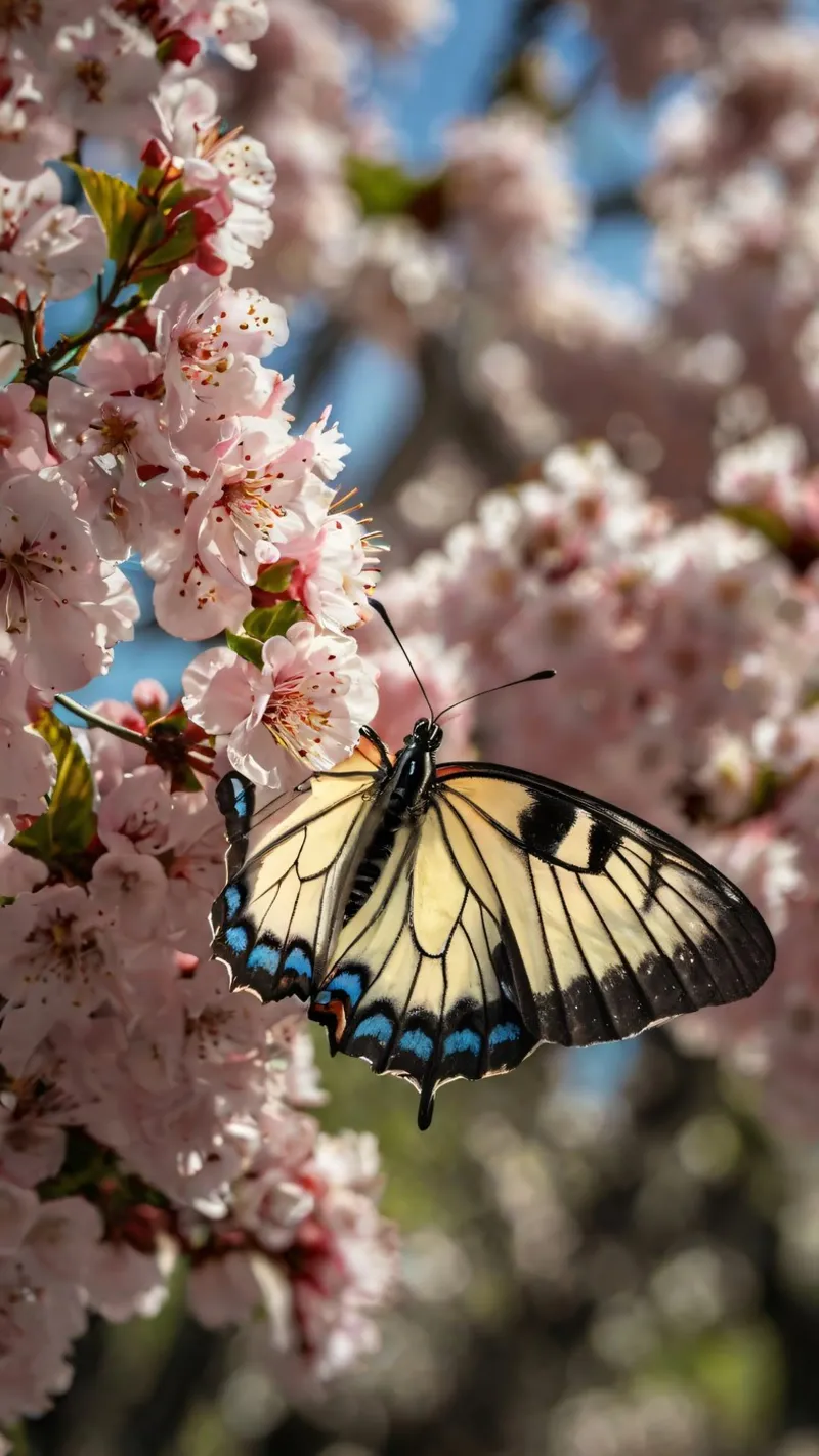 Una bellissima farfalla che si posa sui fiori di ciliegio in fiore alluminio dibond da DesignDoodle