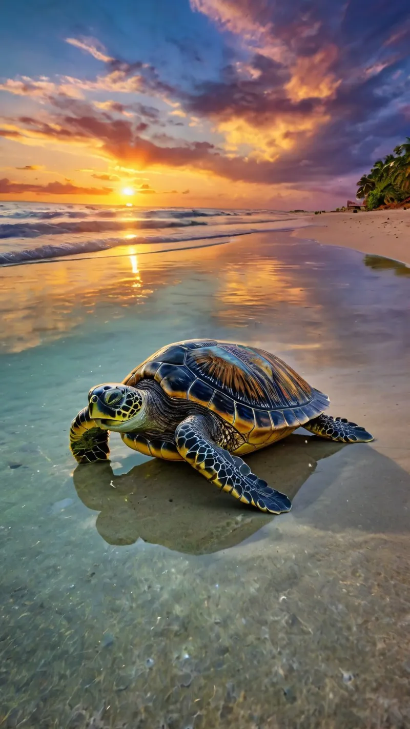 Een groene zeeschildpad duikt op op het zandstrand bij zonsondergang poster van DesignDoodle