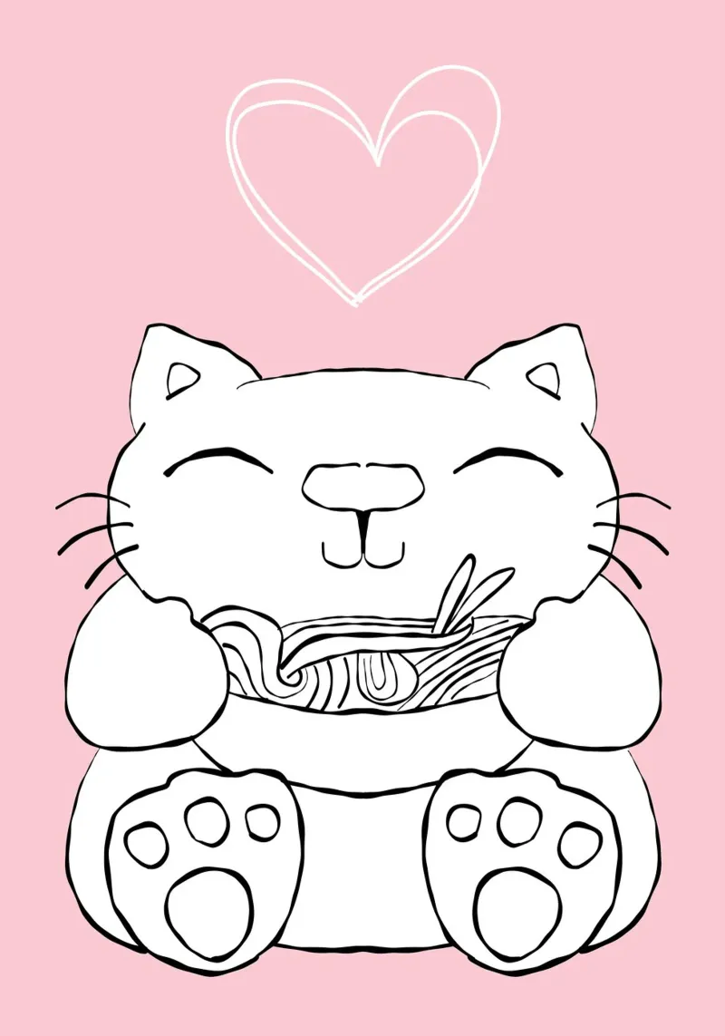 Katze Ramen Doodle Rosa poster con telaio in legno da BAINAI KIDS