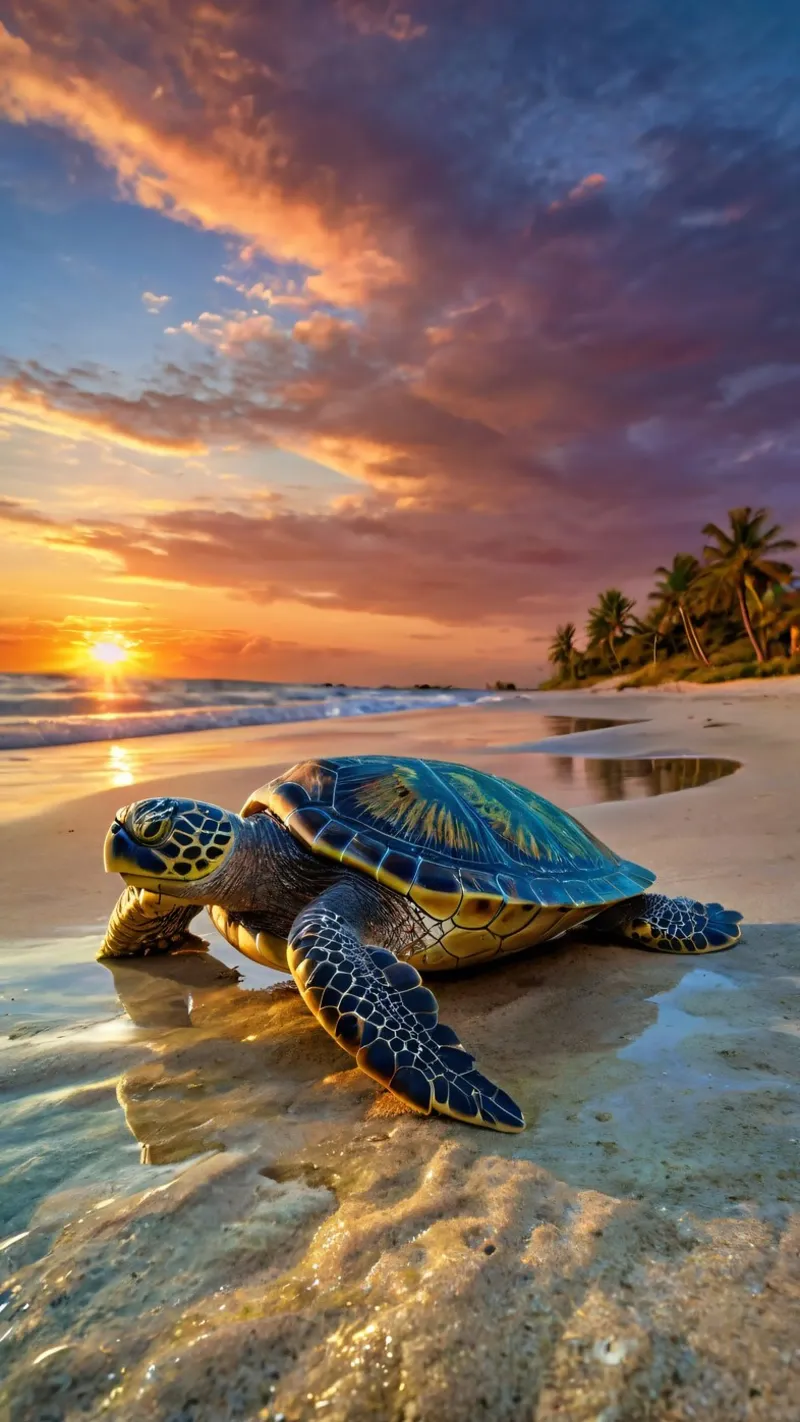 Een zeeschildpad duikt op uit de oceaan bij zonsondergang zandstrand canvas van DesignDoodle