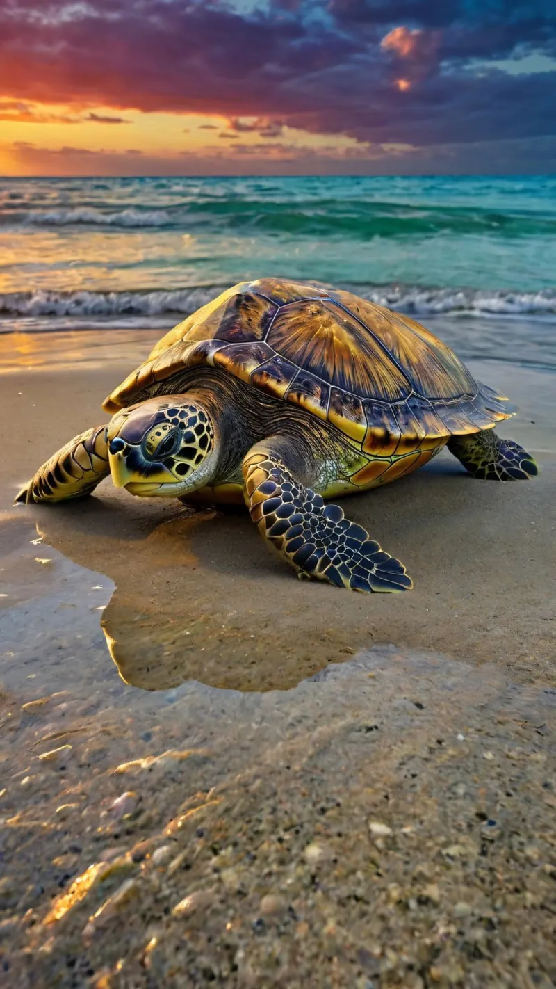 A sea turtle crawling on the sandy beach during a colorful hahnemühle by DesignDoodle
