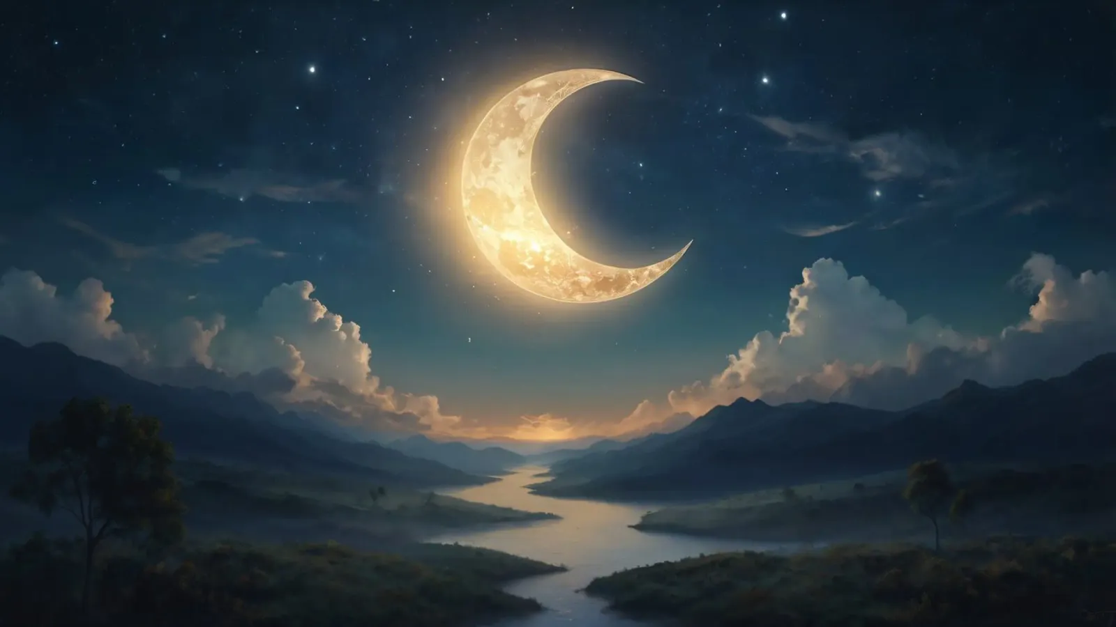 Un atardecer tranquilo con una luna creciente luminosa iluminando lámina retroiluminada de DesignDoodle
