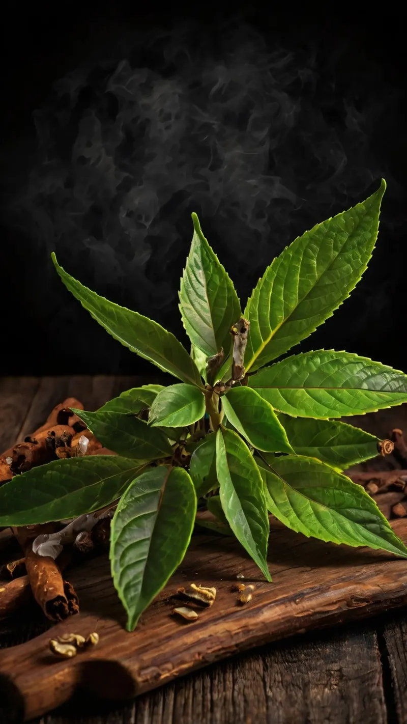 Fresh green leaves on a wooden table surrounded by spices canvas with Floater frame by DesignDoodle