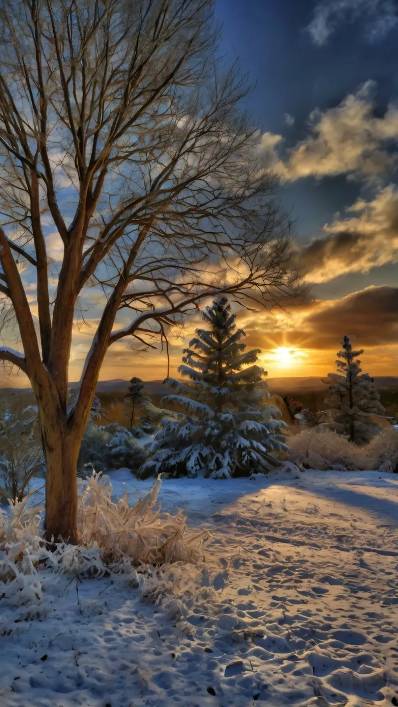 Tramonto invernale su un paesaggio innevato con alberi in primo piano poster da DesignDoodle