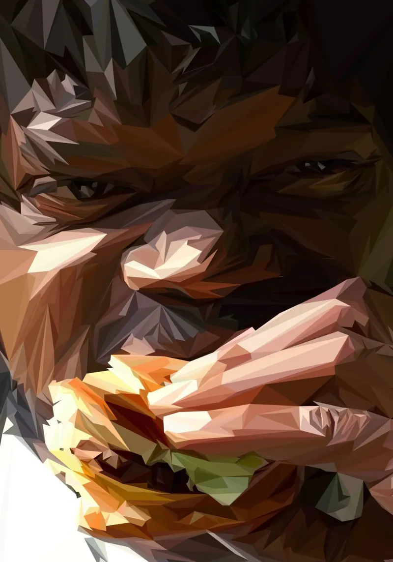 Man eat burger poster con telaio in alluminio da Low poly art