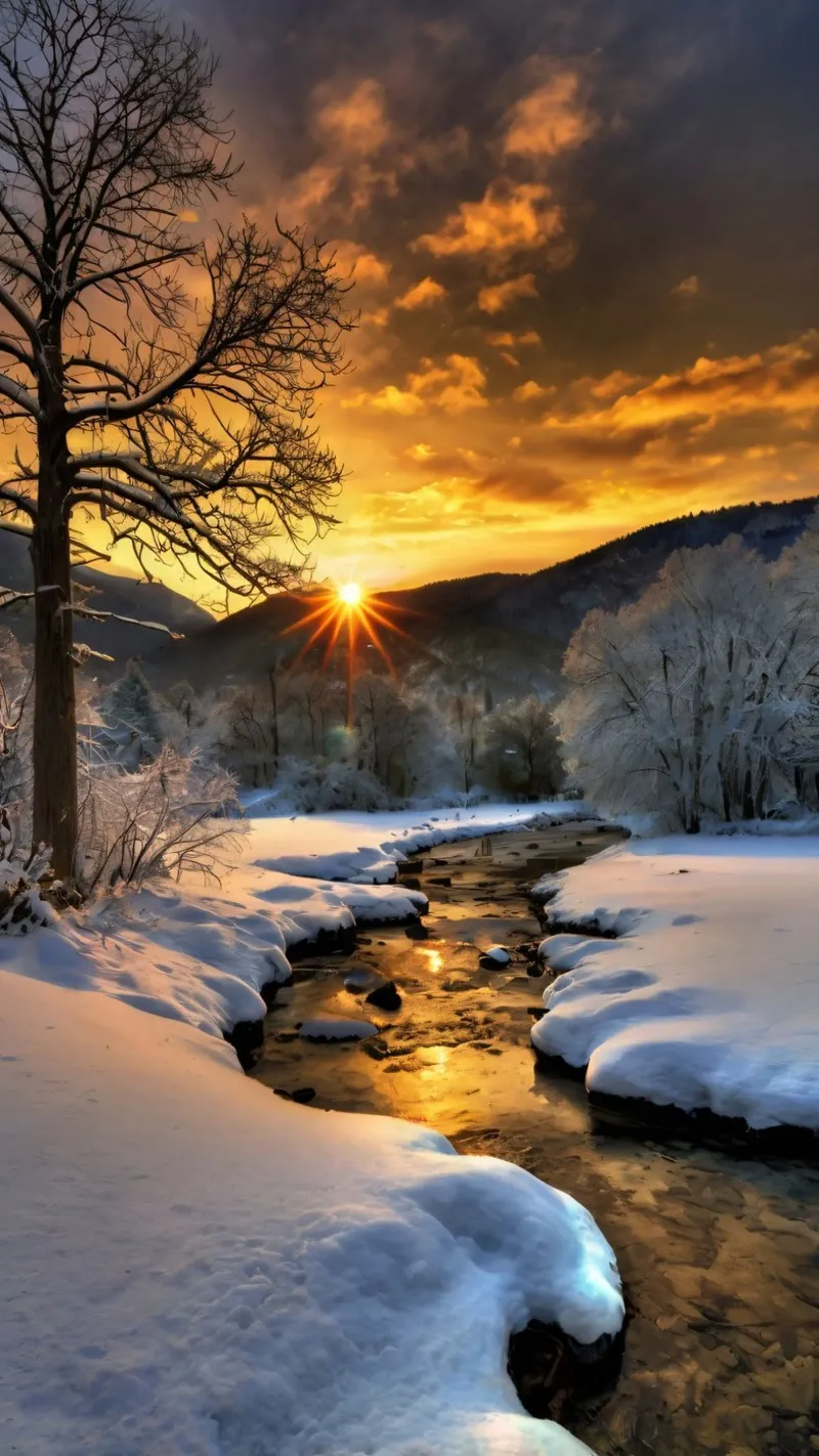 Un tramonto invernale su un tranquillo torrente circondato dalla neve poster con telaio in legno da DesignDoodle