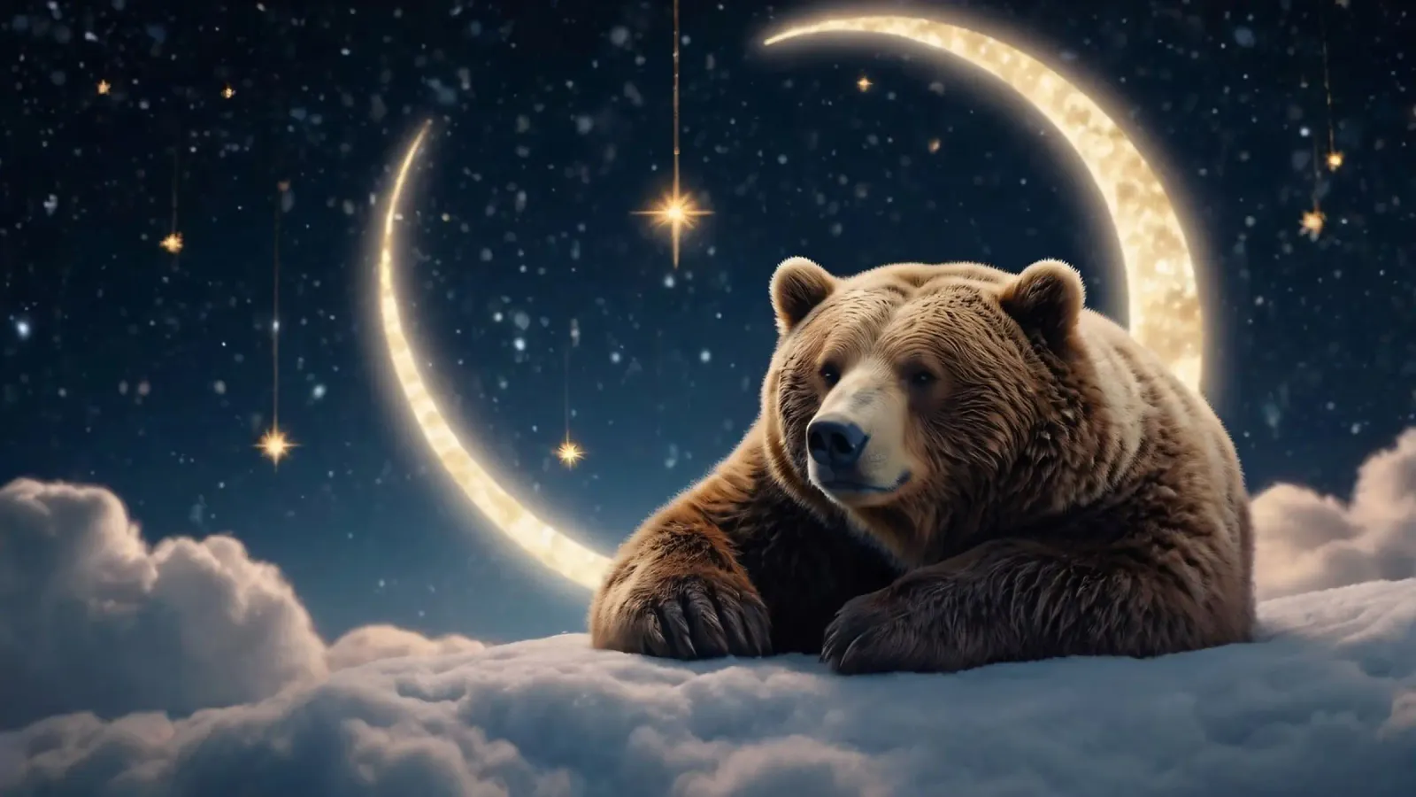 Un orso riposa su una nuvola sotto un cielo stellato con luna crescente pellicola backlit da DesignDoodle