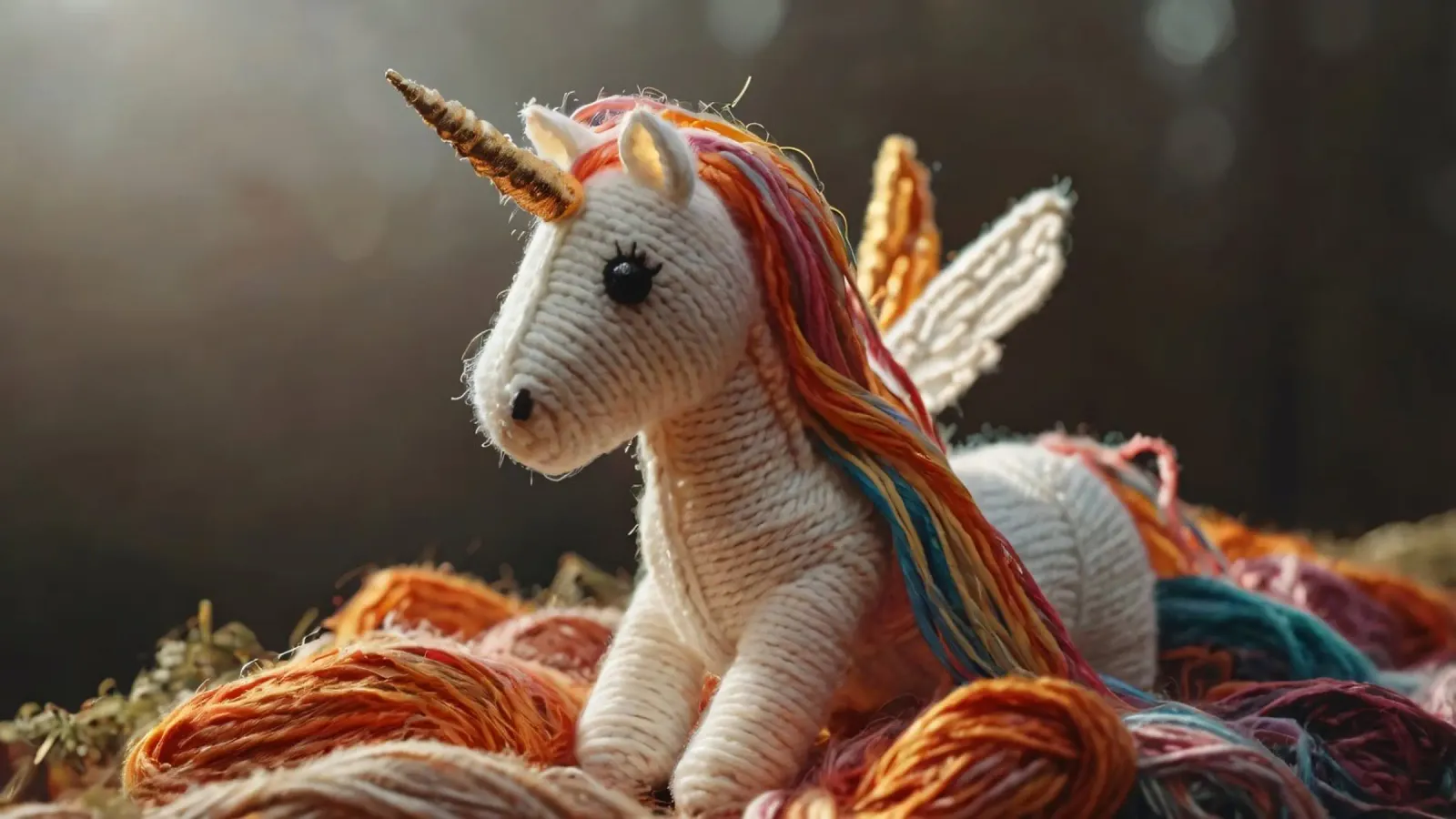 Un colorato giocattolo unicorno realizzato a mano riposa tra i fili pellicola backlit da DesignDoodle