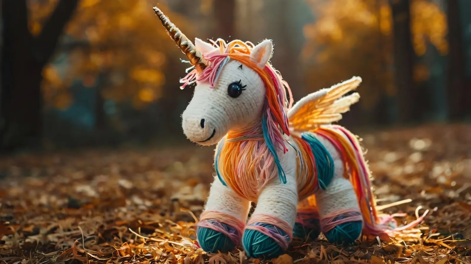 Unicorno giocattolo colorato fatto a mano con le ali in mezzo all'autunno pellicola backlit da DesignDoodle