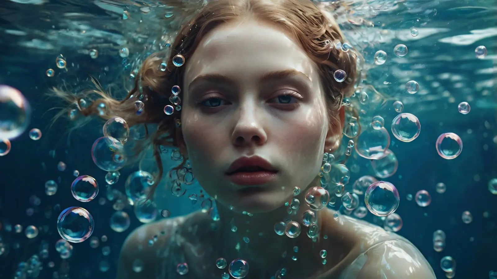 Una giovane donna immersa sott'acqua, circondata da bolle d'aria pellicola backlit da DesignDoodle
