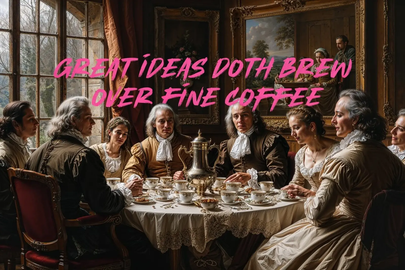 Great Ideas Doth Brew Over Fine Coffee | Limited Edition poster con telaio in alluminio da Renaissance Rebel