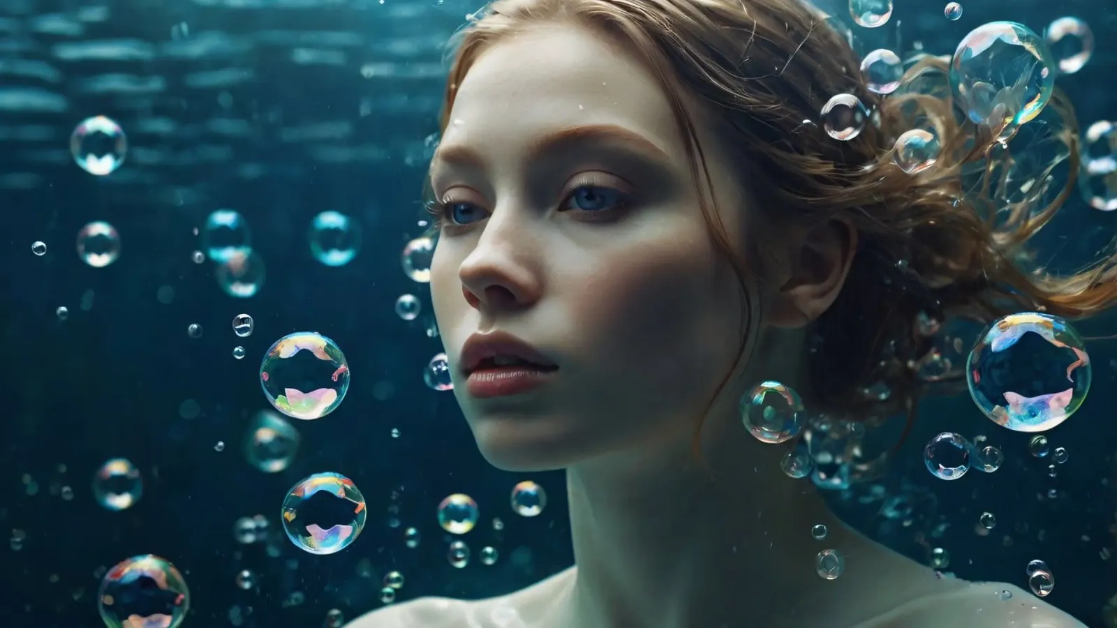 Un momento sott'acqua con una giovane donna circondata dalle bollicine pellicola backlit da DesignDoodle