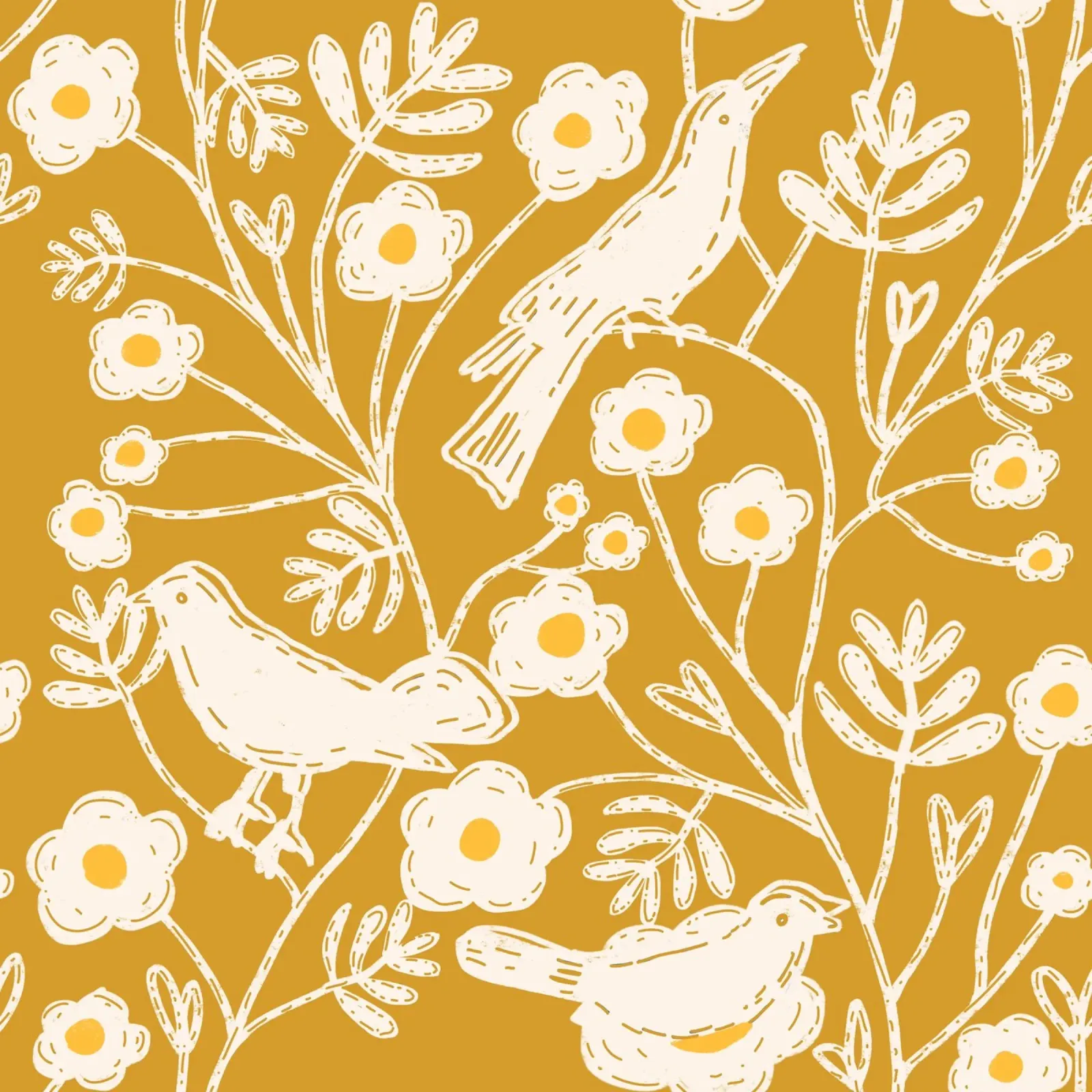 Oker Tuinvogels - Blokprint Bloemen Geel canvas met Baklijst van susanacosta