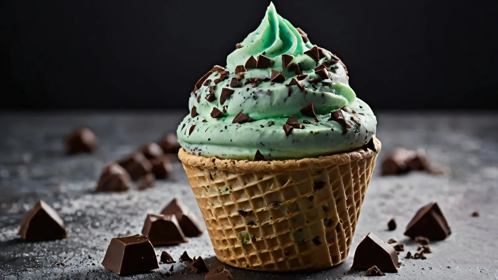 Gelato alla menta con gocce di cioccolato in un cono di cialda pellicola backlit da DesignDoodle