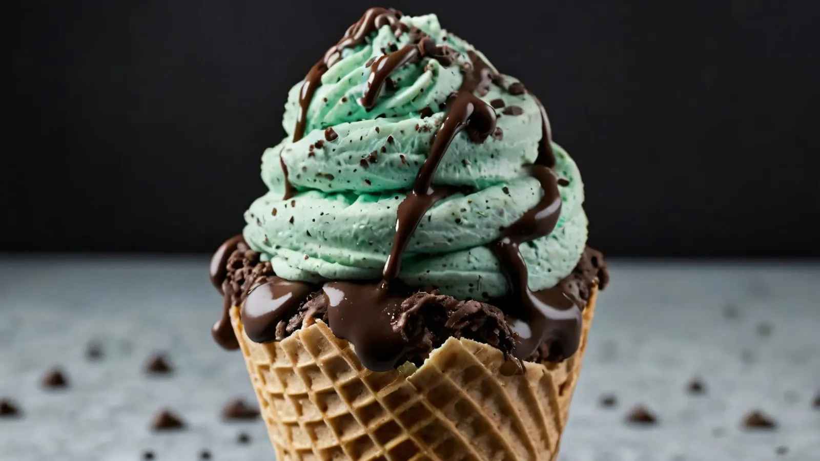 Gelato cremoso alla menta con gocce di cioccolato servito in un cono di cialda pellicola backlit da DesignDoodle