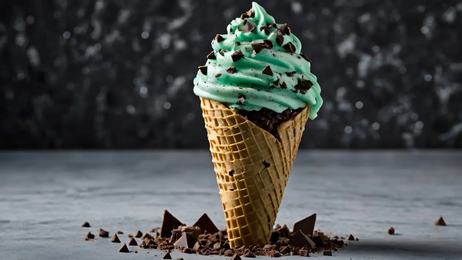 Un cono gelato alla menta con gocce di cioccolato, deliziosamente rigirato, con pellicola backlit da DesignDoodle