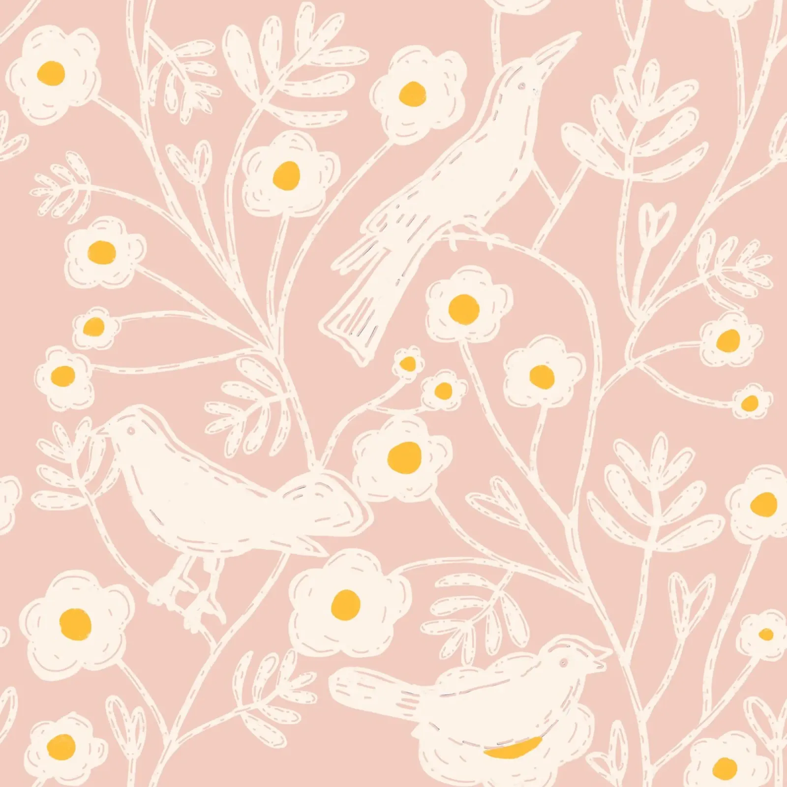 Blush Tuinvogels - Blokprint Bloemen Roze canvas met Baklijst van susanacosta