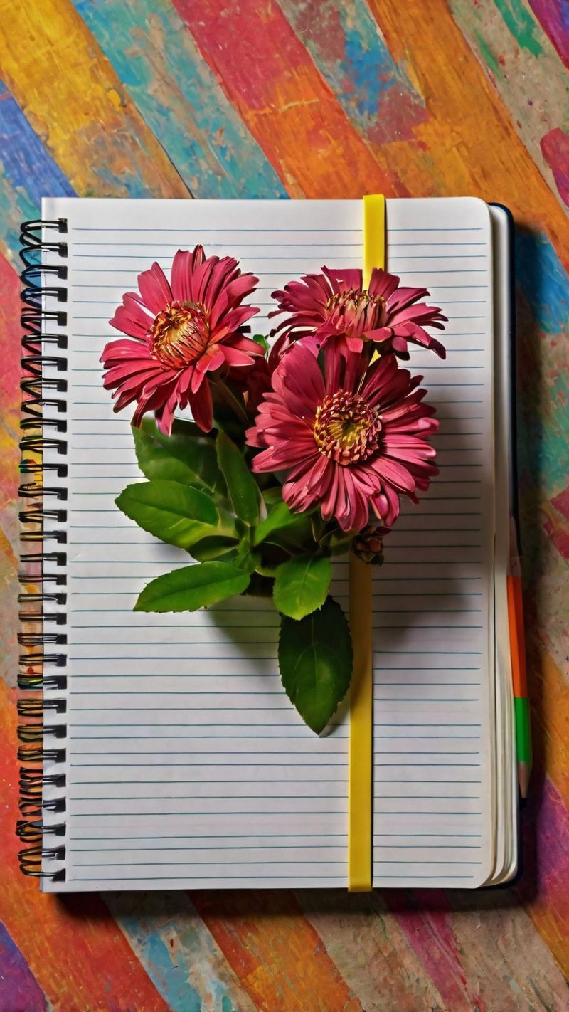 Un taccuino vivace con fiori rosa appoggiati in cima, che mette in mostra pellicola backlit da DesignDoodle