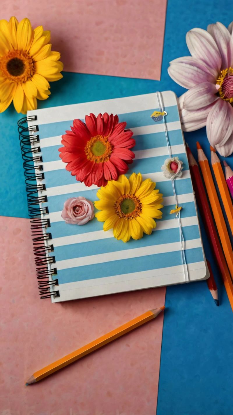 Cahier coloré orné de fleurs entouré de crayons poster de DesignDoodle