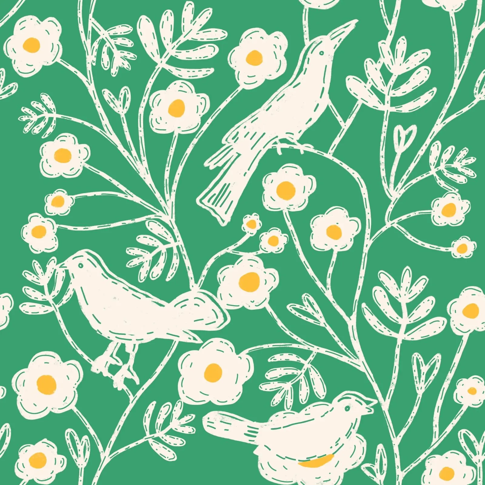 Emerald Garden Vogels - Blokprint Bloemen canvas met Baklijst van susanacosta