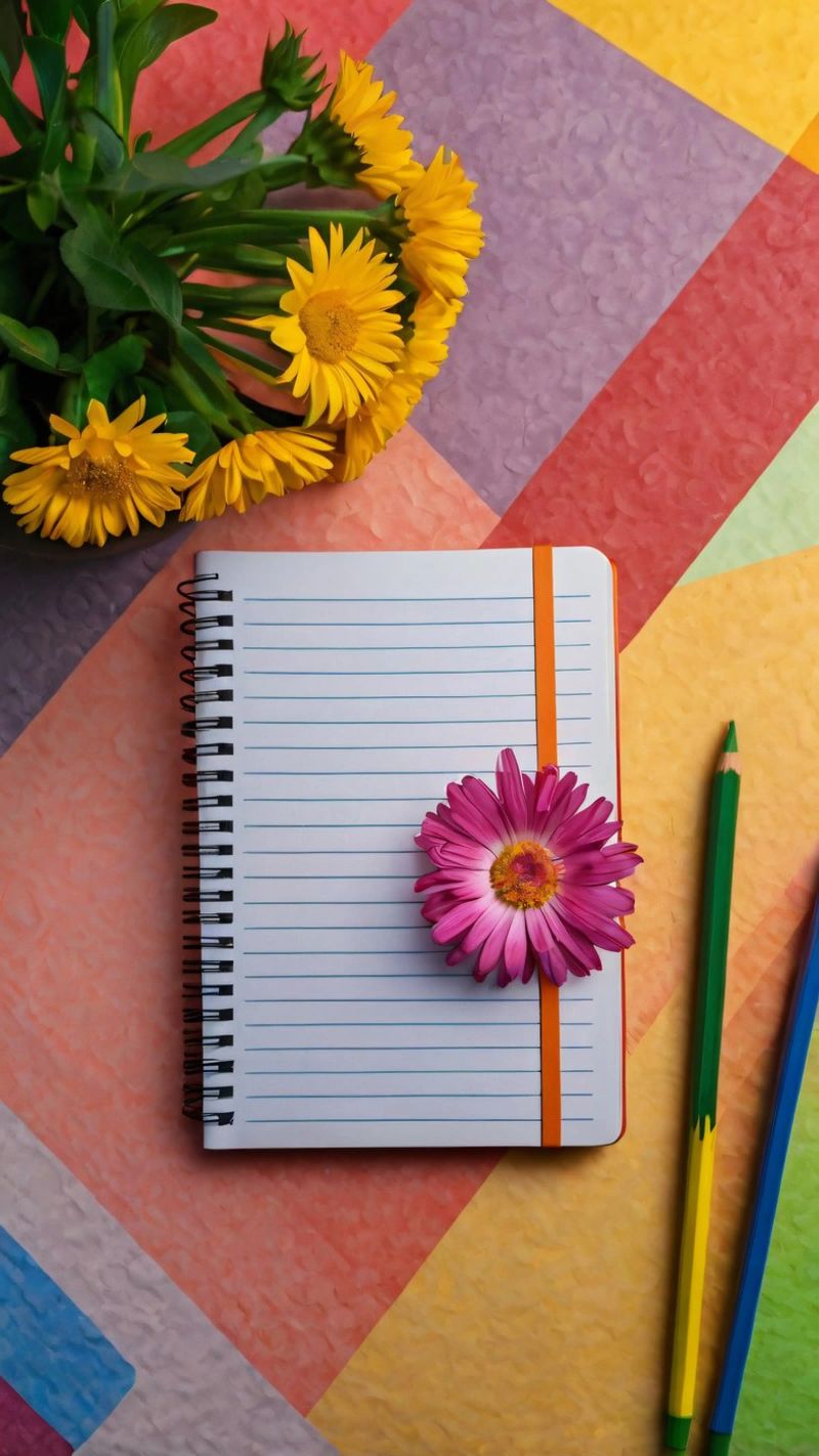 Uno spazio di lavoro colorato con un taccuino con un fiore pellicola backlit da DesignDoodle