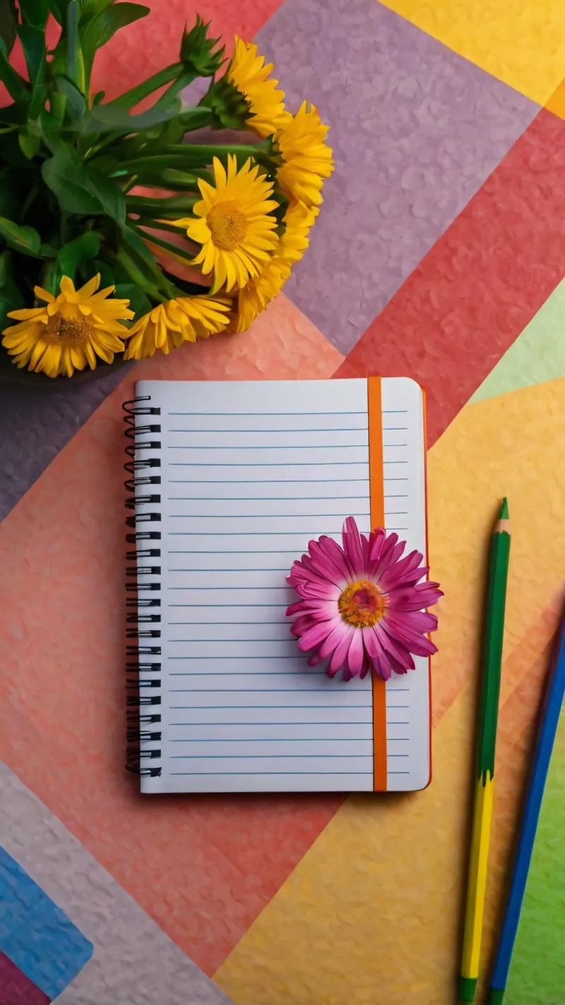 Uno spazio di lavoro colorato con un taccuino con un fiore tela da DesignDoodle