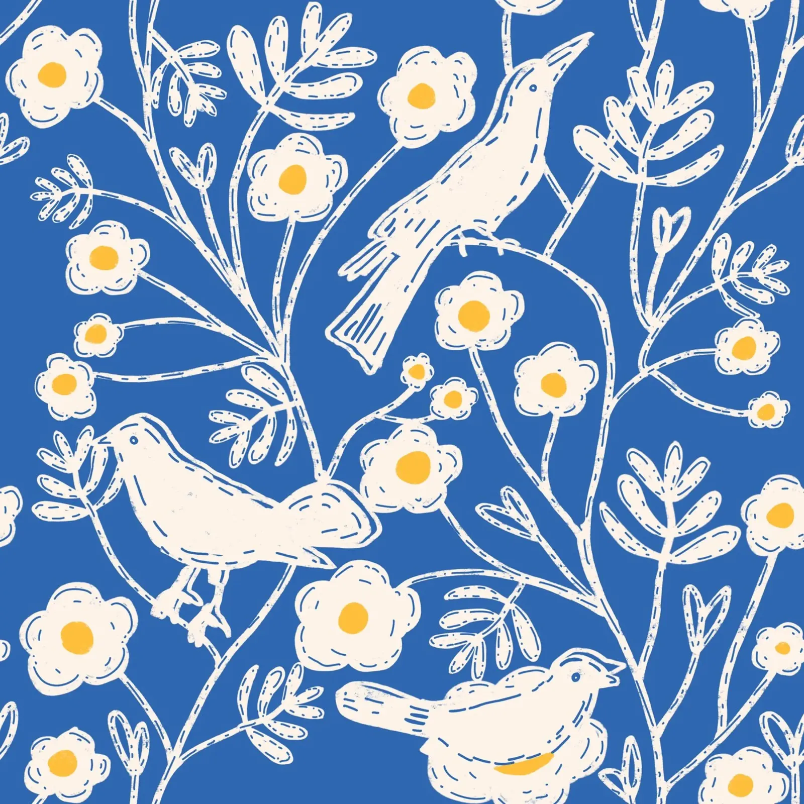 Kobalt tuinvogels - blokprint bloemen canvas met Baklijst van susanacosta