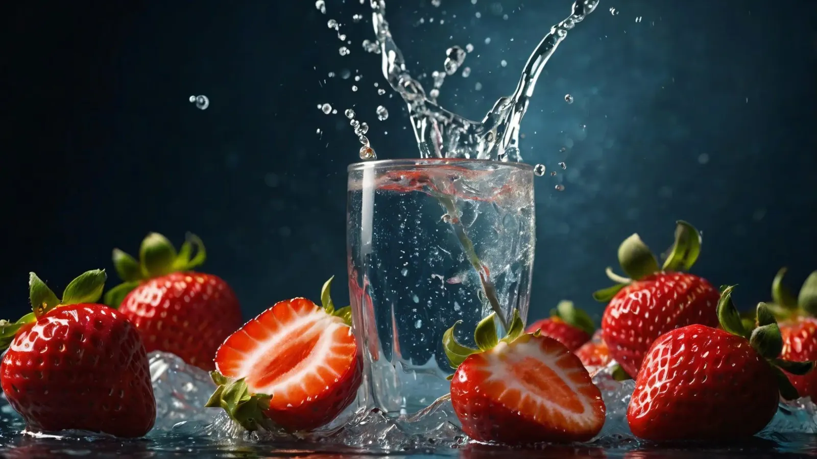 spruzzi d'acqua in un bicchiere circondato da fragole fresche pellicola backlit da DesignDoodle