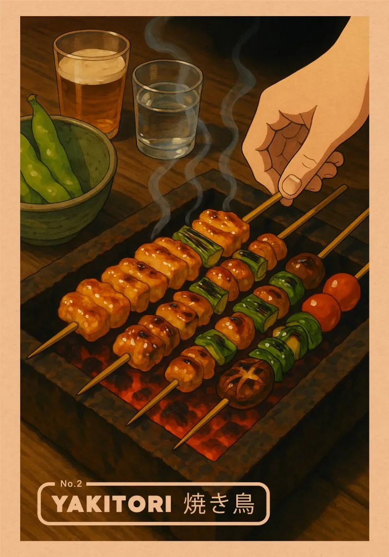 Anime-style Yakitori Skewers - Japanese food series No. 2 canvas with Floater frame by japanfox