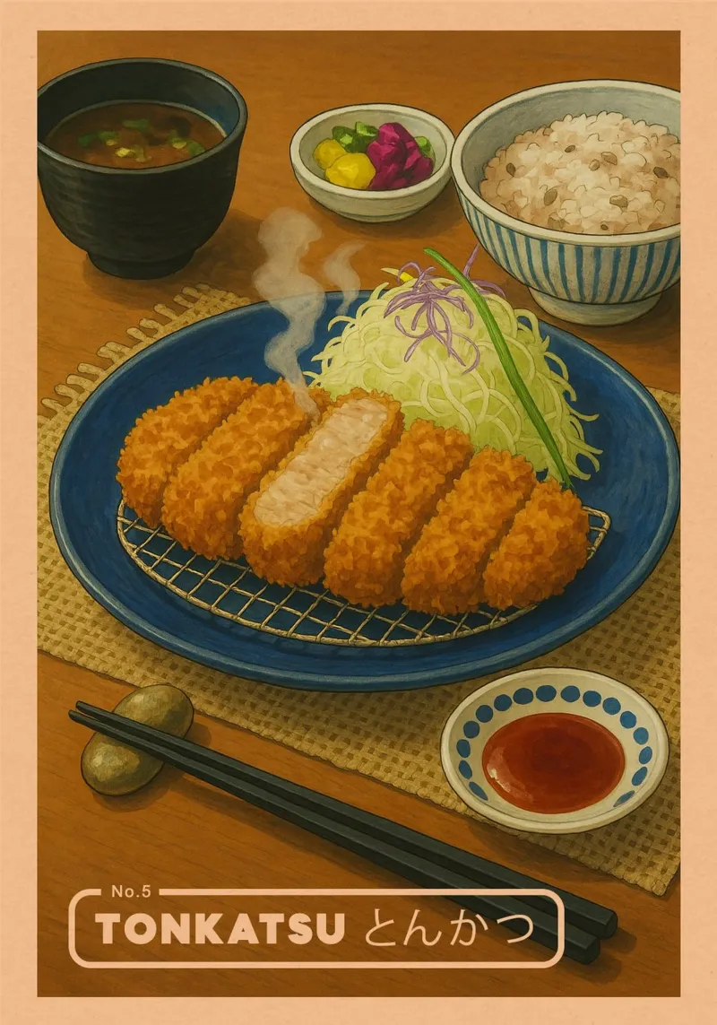 Tonkatsu en animation - Série sur la cuisine japonaise n° 5 poster avec cadre en aluminium de japanfox