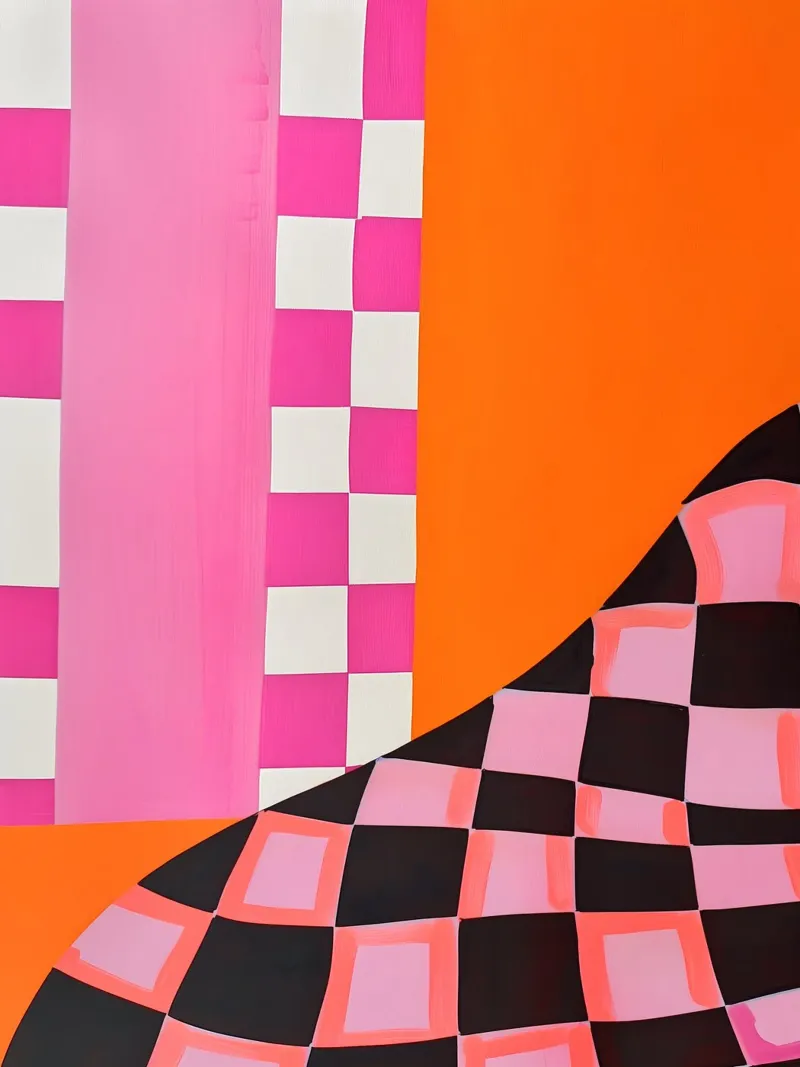 Pink and Orange Abstract Checks poster con telaio in plastica da Gypsy Galleria