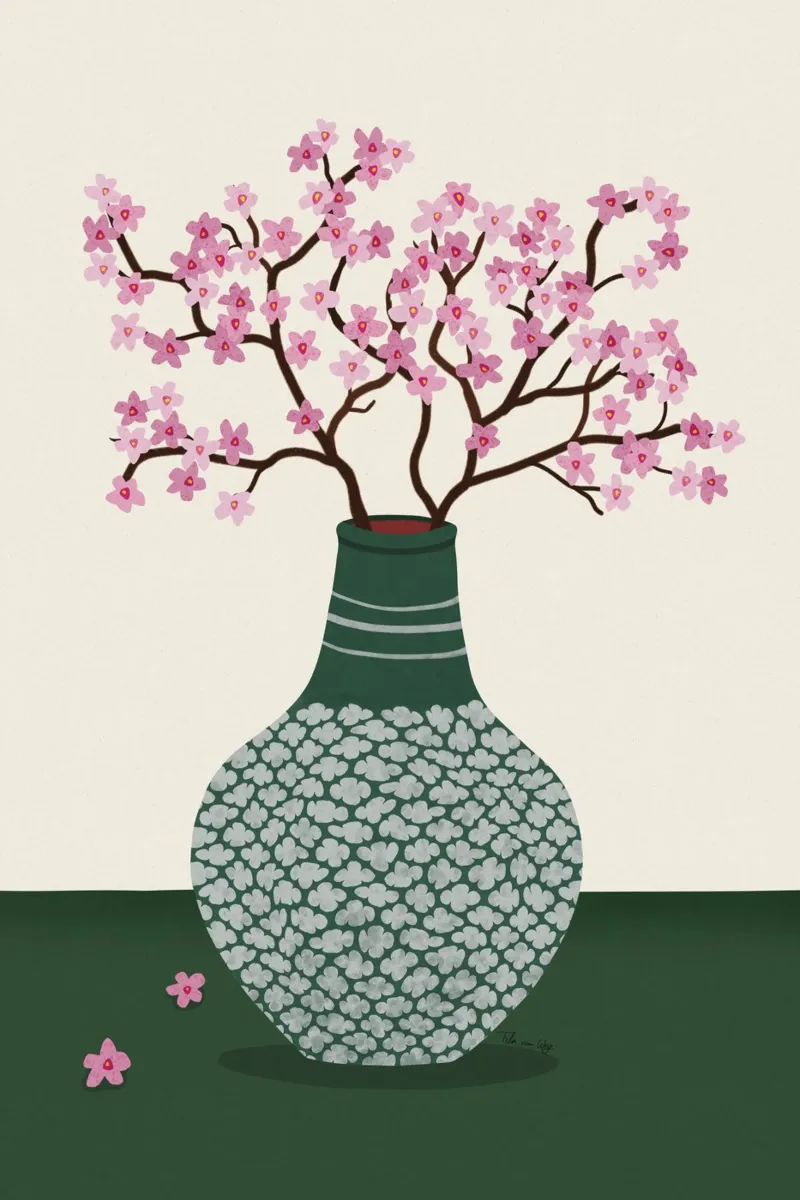 Fiori di sakura in un vaso poster con telaio in legno da Tida vom Weg